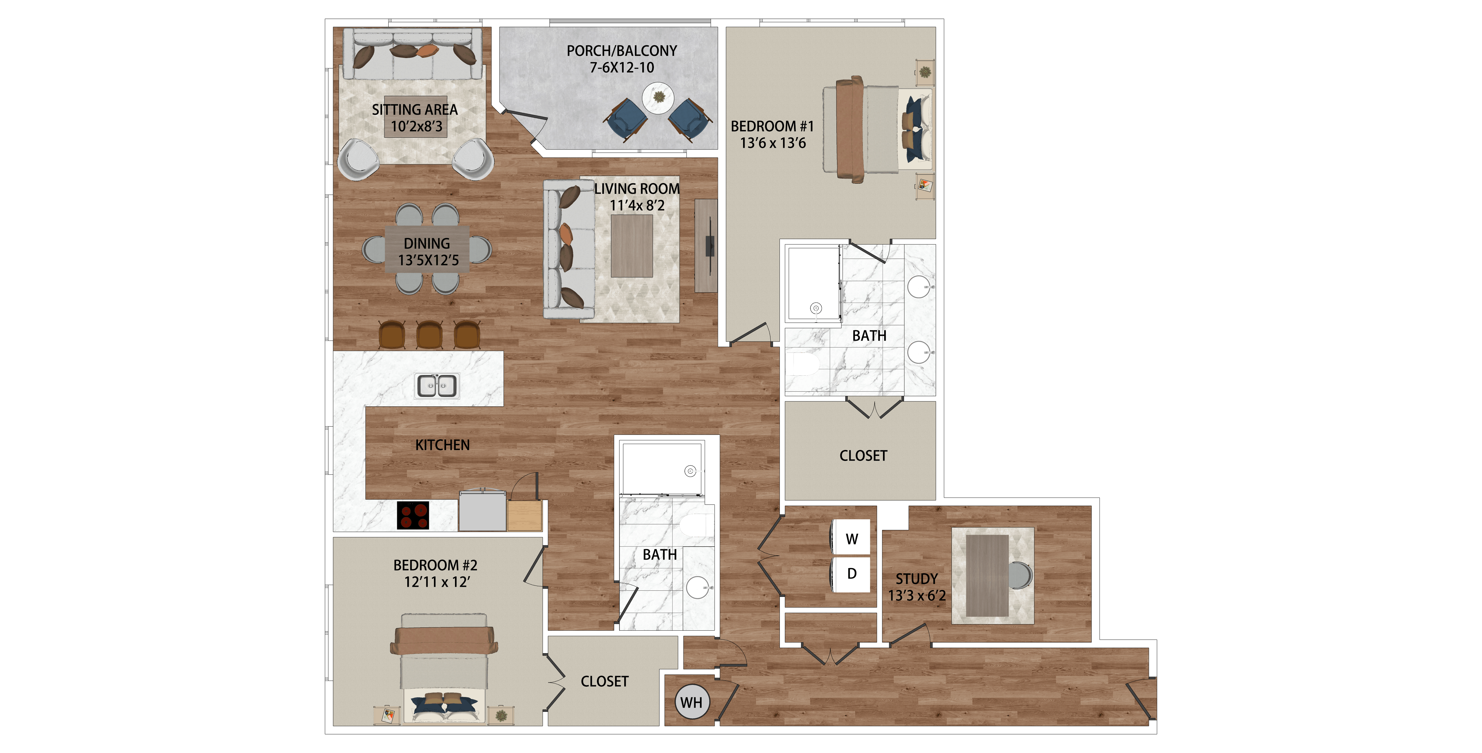 Floor plan for 2 beds, 2 baths, 1879 sqft